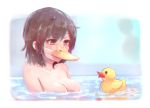  1girl absurdres afloat bangs bathing black_hair blue_background breasts brown_hair chromatic_aberration cleavage collarbone commentary_request eyebrows_visible_through_hair highres hoshibuchi mask medium_breasts original partially_submerged rubber_duck short_hair solo upper_body water water_drop wet wet_hair 