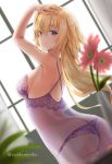  1girl adjusting_hair ass ayakawa_riku blonde_hair blue_eyes blush breasts fate/grand_order fate_(series) flower jeanne_d&#039;arc_(fate) jeanne_d&#039;arc_(fate)_(all) lingerie long_hair looking_at_viewer looking_back medium_breasts panties purple_nightgown purple_panties see-through smile solo twitter_username underwear window 