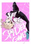  1girl \m/ aqua_eyes ass asymmetrical_hair blonde_hair bodysuit breasts character_name full_body gwen_stacy highres hirakata_masahiro hooded_bodysuit medium_breasts parted_lips pink_background short_hair silk skin_tight solo spider-gwen spider-man:_into_the_spider-verse spider-man_(series) spider_web spider_web_print upside-down 