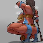  1girl absurdres armpits ass back barefoot black_hair bodypaint braid breasts commentary dark_skin english_commentary feet from_behind highres huge_ass huge_breasts krekk0v legs long_braid long_hair muscle muscular_female original planted_spear planted_weapon polearm single_braid solo spear squatting strapless sweat tassel thick_thighs thighs thong tiptoes tribal tubetop underboob very_dark_skin weapon wide_hips wiping_face 