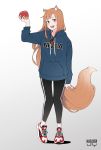 1girl absurdres animal_ears apple blush fang food fox_ears fox_tail fruit gluteal_fold highres holding holding_food holo hood hoodie jewelry long_hair necklace nivearich orange_hair pants pouch red_eyes shoes smile sneakers spice_and_wolf sweatpants tail 