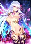  1girl breasts cleavage earrings elbow_gloves eyebrows_visible_through_hair fate/grand_order fate_(series) floating_hair flower fringe_trim gloves glowing hair_ribbon highres jewelry kama_(fate/grand_order) large_breasts long_hair navel petals red_eyes ribbon shiguru slit_pupils solo star starry_background white_hair 