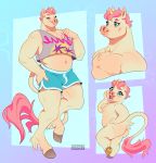  anthro blue_eyes chibi clothing equid equine fur hair hooves horn long_tail male mammal mcmadmissile nipples nude open_mouth pink_hair shorts signature smile standing teeth tongue unicorn white_fur 