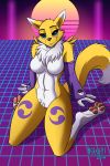  2019 anthro black_sclera blue_eyes breasts chest_tuft digimon digimon_(species) featureless_breasts female fluffy fluffy_tail fur grid heresy_(artist) hi_res renamon solo thick_thighs tuft vaporwave wide_hips yellow_fur 