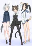  :d absurdres animal_ears aohashi_ame arm_up arms_behind_back ass black_blouse black_footwear black_hair black_legwear black_neckwear black_skirt blouse blue_jacket blue_swimsuit blush brown_eyes brown_footwear brown_hair cat_ears cat_tail closed_mouth collared_shirt commentary_request cosplay costume_switch dog_ears dog_tail epaulettes eyebrows_visible_through_hair gluteal_fold green_eyes grey_hair hair_ribbon hattori_shizuka head_tilt highres insignia jacket legs loafers long_hair long_sleeves military military_uniform miniskirt miyafuji_yoshika navy_blue_neckwear navy_blue_ribbon neckerchief necktie open_mouth panties panties_under_pantyhose pantyhose pleated_skirt ponytail print_neckwear raised_fist ribbon sailor_collar sanya_v_litvyak school_swimsuit shirt shoes short_hair sidelocks skirt skirt_lift smile standing standing_on_one_leg strike_witches swimsuit swimsuit_under_clothes tail underwear uniform white_blouse white_footwear wind wind_lift world_witches_series 