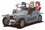  3girls absurdres car drink ground_vehicle hair_ribbon hat highres japanese_clothes kunikida_hanamaru kurosawa_ruby love_live! love_live!_sunshine!! motor_vehicle multiple_girls rainforce ribbon rolls-royce rolls-royce_silver_ghost tsushima_yoshiko twintails vintage_car 