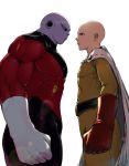  2boys alien angry bald black_eyes bodysuit cape clenched_hands closed_mouth dragon_ball dragon_ball_super frown gloves jiren looking_at_another male_focus multiple_boys muscle no_pupils one-punch_man red_gloves saitama_(one-punch_man) simple_background superhero white_cape yellow_bodysuit 