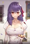  1girl :d bangs blood blush breasts candy cleavage collarbone commentary_request confetti covered_navel crescent crescent_earrings earrings elbow_gloves eto_(nistavilo2) fate/stay_night fate_(series) food gloves hair_between_eyes hair_ribbon heaven&#039;s_feel highres holding jewelry large_breasts long_hair looking_at_viewer matou_sakura necklace open_mouth picture_frame puffy_short_sleeves puffy_sleeves purple_hair red_eyes red_ribbon ribbon shirt short_sleeves smile solo standing star star_earrings upper_body white_gloves white_shirt 