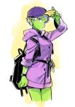  1girl :o adjusting_clothes adjusting_hat alternate_costume arm_at_side backpack bag baseball_cap beige_background black_backpack breasts cheelai chirai chuya_hukuaka commentary_request cowboy_shot dragon_ball dragon_ball_super_broly eyebrows_visible_through_hair fingernails gradient gradient_background green_skin hat highres hood hood_down hooded_jacket jacket looking_away medium_breasts purple_eyes purple_jacket short_hair simple_background solo thighs upper_body watch white_background white_hair wristwatch 