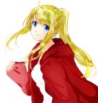  1girl arm_at_side bangs blonde_hair blue_eyes blush coat commentary_request eyebrows_visible_through_hair eyelashes fingernails floating_hair fullmetal_alchemist happy long_hair looking_at_viewer ponytail red_coat shirt simple_background sleeves_past_wrists smile solo tsukuda0310 upper_body white_background white_shirt winry_rockbell 