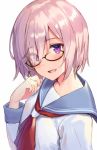  1girl blush commentary_request eyebrows_visible_through_hair eyes_visible_through_hair fate/grand_order fate_(series) glasses hair_over_one_eye haru_(hiyori-kohal) long_sleeves looking_at_viewer mash_kyrielight open_mouth pink_hair purple_eyes sailor_collar school_uniform shirt short_hair simple_background solo white_background white_shirt 