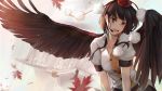  1girl absurdres architecture autumn_leaves belt bird_wings black_hair black_skirt blurry building depth_of_field east_asian_architecture feathered_wings hat head_tilt headset highres ina_(inadiary) leaf leaning_to_the_side looking_at_viewer maple_leaf neck_ribbon open_mouth pom_pom_(clothes) puffy_short_sleeves puffy_sleeves red_eyes ribbon shameimaru_aya shirt short_hair short_sleeves skirt solo tokin_hat touhou untied untucked_shirt upper_body white_shirt wings 