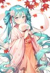  1girl aqua_eyes aqua_hair azit_(down) blush fan floral_print flower hair_between_eyes hair_flower hair_ornament hatsune_miku highres japanese_clothes leaf long_hair paper_fan solo twintails uchiwa very_long_hair vocaloid white_background 