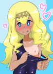  1girl :p a.k.o.t a.k.o.t. blonde_hair blue_eyes blush breasts closed_mouth collarbone covered_navel creatures_(company) eyebrows_visible_through_hair game_freak heart highres looking_at_viewer naughty_face nintendo nipples one_breast_out pokemon pokemon_(anime) pokemon_sm_(anime) shiny shiny_clothes shiny_skin small_breasts solo suiren_(pokemon) swimsuit swimsuit_pull tan tanline tongue tongue_out upper_body wig 