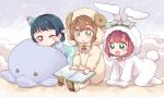  3girls :d :o all_fours animal_costume animal_hood aqua_eyes bangs blue_hair book bow bowtie brown_hair bun_cover bunny_costume bunny_hood bunny_tail child commentary_request cosplay frilled_pillow frills hair_bow hood hood_up izumi_kirifu kigurumi kunikida_hanamaru kurosawa_ruby long_sleeves love_live! love_live!_sunshine!! multiple_girls neck_bell one_eye_closed open_book open_mouth pillow pink_neckwear purple_eyes reading red_hair rubbing_eyes sheep_costume sheep_hood short_hair sitting smile striped striped_bow striped_neckwear stuffed_animal stuffed_octopus stuffed_toy tail tsushima_yoshiko yellow_eyes younger 