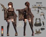  1girl absurdres assault_rifle black_legwear brown_hair character_sheet color_guide commentary foregrip glock gloves gun h&amp;k_hk416 handgun headset highres holding holding_gun holding_weapon holster holstered_weapon load_bearing_equipment ohoo_7am orange_eyes original pistol ponytail rifle simple_background thigh_holster thighhighs weapon wide_sleeves 