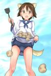  1girl :o animal_ears aohashi_ame blouse blue_sky blurry blurry_foreground brown_eyes brown_hair cloud cloudy_sky commentary_request crotch_seam day depth_of_field eyebrows_visible_through_hair gluteal_fold highres holding_spatula long_sleeves miyafuji_yoshika navy_blue_neckwear neckerchief open_mouth outdoors potato sailor_collar school_swimsuit school_uniform shirt_basket short_hair sky solo spatula strike_witches swimsuit swimsuit_under_clothes tail thighs white_blouse world_witches_series 