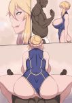  1boy 1girl anal animated animated_gif anus artoria_pendragon_(all) ass blonde_hair bodysuit breasts eyebrows fate/grand_order fate_(series) green_eyes highres long_hair metal_owl_(aden12) penis sex smile testicles tongue 