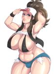  1girl abs blue_eyes breasts brown_hair bulge cleavage creatures_(company) curvy erect_nipples eyebrows game_freak hat highres huge_breasts large_breasts long_hair looking_at_viewer nintendo parted_lips pokemon pokemon_(game) pokemon_bw ponytail shirt shorts simple_background solo source_request tied_hair touko_(pokemon) white_background wide_hips xiceowl 
