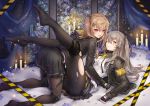  1girl bangs black_legwear blush breasts brown_eyes brown_hair candlelight death-the-cat eyebrows_visible_through_hair fingerless_gloves girls_frontline gloves grey_hair hair_between_eyes hair_ornament hairclip indoors jacket long_hair looking_at_viewer multiple_girls one_side_up open_mouth pantyhose ribbon scar scar_across_eye shirt skirt smile torn_clothes torn_legwear twintails ump45_(girls_frontline) ump9_(girls_frontline) white_shirt yellow_eyes 