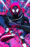  1boy bodysuit chromatic_aberration city facing_viewer from_above full_body highres hood hooded_jacket jacket looking_at_viewer marvel miles_morales nike red_hood robert_porter shoes signature silk sneakers solo spider-man:_into_the_spider-verse spider-man_(miles_morales) spider-man_(series) spider_web spider_web_print superhero untied_shoe vaporwave 