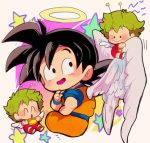  3boys :&gt; :d ^_^ angel_wings antennae beige_background black_eyes black_hair chibi closed_eyes creator_connection crossover dougi dr._slump dragon_ball dragonball_z eyes_closed feathered_wings halo looking_back male_focus motunabe707070 multiple_boys norimaki_gajira open_mouth simple_background smile son_gokuu spiked_hair star starry_background wings 