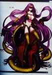  1girl absurdres breastplate breasts cleavage dress fate/grand_order fate_(series) female full_body gorgon gorgon_(fate) highres large_breasts long_hair mask matching_hair/eyes monster_girl navel official_art purple_eyes purple_hair revealing_clothes rider scales snake solo tail very_long_hair 