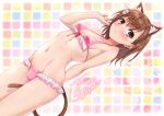  1girl :&lt; animal_ears arm_behind_back bangs bikini blush breasts brown_eyes brown_hair cat_ears cat_tail cleavage closed_mouth collarbone commentary_request eyebrows_visible_through_hair frilled_bikini frills front-tie_top hair_ornament hair_twirling hairpin looking_at_viewer misaka_mikoto navel pink_bikini puma_(hyuma1219) short_hair signature small_breasts solo spiked_hair swimsuit tail to_aru_kagaku_no_railgun to_aru_majutsu_no_index 