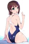  1girl :d amami_haruka arm_at_side ass back bangs bare_legs bare_shoulders blue_swimsuit blunt_bangs blush breasts brown_hair competition_swimsuit eyebrows_visible_through_hair from_behind green_eyes hair_ornament hairclip hidebou idolmaster idolmaster_(classic) looking_at_viewer looking_back medium_breasts one-piece_swimsuit open_mouth poolside simple_background sitting smile solo swimsuit v water_drop wet white_background 