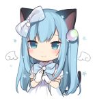  1girl amashiro_natsuki animal_ears bangs blue_bow blue_eyes blue_hair blush bow cat_ears cat_girl cat_tail closed_mouth commentary dress eyebrows_visible_through_hair gloves hair_between_eyes hair_bow hair_ornament hands_up long_hair looking_at_viewer one_side_up original puffy_short_sleeves puffy_sleeves short_sleeves sidelocks simple_background smile solo symbol_commentary tail tail_raised upper_body very_long_hair white_background white_bow white_dress white_gloves 