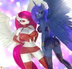  3d_(artwork) anthro big_breasts blue_eyes blue_hair bracelet breasts butt cleavage clothed clothing digital_media_(artwork) duo eqamrd equid fan_character female friendship_is_magic hair hi_res horn jewelry legwear mammal miniskirt my_little_pony princess_celestia_(mlp) princess_luna_(mlp) princess_molestia purple_eyes purple_hair rubber shiny skirt stockings winged_unicorn wings 