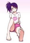  1girl barefoot blush feet highres long_hair looking_at_viewer pripara purple_hair shirt shorts side_ponytail sitting soles tied_shirt toes toudou_shion yellow_eyes 