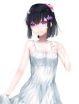  1girl bangs bare_arms bare_shoulders black_hair closed_mouth collarbone commentary_request dress eyebrows_visible_through_hair flat_chest flower hair_between_eyes hair_flower hair_ornament hair_ribbon hand_up head_tilt looking_at_viewer original pink_ribbon purple_eyes purple_flower ribbon shiny shiny_hair short_hair sidelocks simple_background skirt_hold sleeveless sleeveless_dress smile solo standing waka_(shark_waka) white_background white_dress 