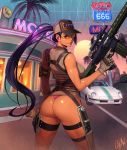  1girl ass bare_arms bare_shoulders baseball_cap breasts brown_gloves brown_shirt building car closed_mouth commentary_request dark_skin english_text floating_hair from_behind gloves grey_headwear ground_vehicle gun hat highres holding holding_gun holding_weapon holster knife large_breasts legs_apart long_hair looking_at_viewer looking_back motor_vehicle ogami original outdoors palm_tree panties pink_panties ponytail purple_hair road route_66 scope sheath sheathed shiny shiny_skin shirt signature sleeveless sleeveless_shirt smile solo standing sun sunglasses sunset thigh_holster thong tree trigger_discipline underwear very_long_hair weapon 