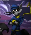  2018 5_fingers anthro belt big_tail blue_gloves brown_eyes cane clothed clothing cloud fur gloves grey_fur grin hat male mask ringtail sly_cooper sly_cooper_(series) smile solo tagme verona7881 video_games 
