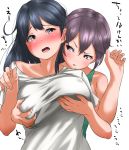  2girls akebono_(kantai_collection) alternate_costume black_hair blush breast_grab breasts brown_eyes commentary_request grabbing grabbing_from_behind green_shirt hair_between_eyes highres kantai_collection large_breasts long_hair multiple_girls open_mouth purple_hair shirt side_ponytail simple_background tama_(seiga46239239) translation_request ushio_(kantai_collection) very_long_hair white_background white_shirt 