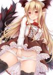  1girl bangs black_legwear blonde_hair blush breasts brown_skirt brown_wings closed_mouth collared_shirt commentary_request eyebrows_visible_through_hair frilled_shirt_collar frilled_skirt frills granblue_fantasy groin hair_between_eyes head_wings heart heart_background highres hirotan_insitao lifted_by_self long_hair looking_at_viewer panties panty_pull pointy_ears pussy_juice red_eyes shirt skirt skirt_lift small_breasts solo thighhighs tongue tongue_out underwear vampy very_long_hair wet wet_clothes wet_panties white_panties white_shirt wings 