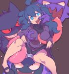  1girl ahoge artist_name bangs big_hair black_eyes black_footwear blue_eyes blue_panties blush breast_grab breasts brown_background cameltoe creatures_(company) dress dress_lift drooling erect_nipples eyebrows_visible_through_hair fangs female game_freak gastly gen_1_pokemon gengar ghost grabbing hair_between_eyes hairband happy haunter hex_maniac_(pokemon) interspecies jpeg_artifacts large_breasts lifted_by_self light_blush long_hair long_sleeves long_tongue looking_at_another looking_to_the_side looking_up nintendo npc_trainer open_mouth panties pokemon pokemon_(creature) pokemon_(game) pokemon_xy purple_dress purple_hair purple_hairband red_sclera saliva sharp_teeth shoes signature simple_background smile solo_focus spread_legs starmilk striped striped_panties sweat teeth tongue tongue_out turtleneck underwear 
