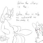  2015 anus aquestionableponyblog black_and_white blush book child dialogue dragon duo equid female feral friendship_is_magic horn looking_at_genitals looking_away mammal monochrome my_little_pony pussy semi-anthro sex_education simple_background spike_(mlp) spread_pussy spreading twilight_sparkle_(mlp) unicorn young 