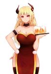  1girl alcohol arano_oki beer blonde_hair breasts china_dress chinese_clothes copyright_request dress earrings highres horns jewelry large_breasts pointy_ears solo thighhighs tray 