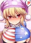  1girl alternate_breast_size american_flag_shirt blonde_hair blush breasts clownpiece commentary_request fairy_wings hair_between_eyes hat heart jester_cap large_breasts looking_at_viewer neck_ruff oppai_loli polka_dot_hat smile solo touhou underboob wings xialu_zajin 