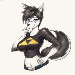  2019 5_fingers anthro belt big_breasts black_fur black_hair black_nose blue_eyes breasts canid canine canis chloe_lockhart_(lildredre) clothed clothing digital_media_(artwork) domestic_dog eyewear female fur glasses hair hi_res hotbento husky looking_at_viewer mammal multicolored_fur navel simple_background smile solo triforce two_tone_fur white_background white_fur 