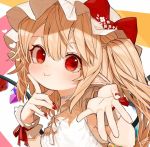  1girl :t alternate_costume artist_name bare_arms blonde_hair blush bow breasts commentary_request crystal finger_to_cheek flandre_scarlet gotoh510 hair_between_eyes hands_up hat hat_bow heart index_finger_raised long_hair looking_at_viewer mob_cap multicolored multicolored_background nail_polish one_side_up orange_background pink_background pointy_ears red_bow red_eyes red_nails red_ribbon ribbon signature sleeveless small_breasts smile solo touhou upper_body white_background white_headwear wings wrist_cuffs 