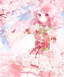  1girl bang_dream! bangs blue_shawl blush center_frills chain chains cherry_blossoms floral_print frilled_kimono frilled_legwear frills gold_chain highres japanese_clothes kimono kneehighs lace_trim long_hair long_sleeves maruyama_aya neck_ribbon obi patzzi petals pink_eyes pink_hair pink_kimono pink_ribbon pink_theme ribbon sash shawl sleeve_ribbon smile solo tied_sleeves wings 