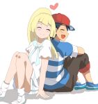  1boy 1girl back-to-back black_hair blonde_hair cap creatures_(company) eyes_closed game_freak kuriyama lillie_(pokemon) nintendo pokemon pokemon_(anime) pokemon_sm_(anime) satoshi_(pokemon) skirt smile 