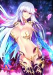  1girl bangs breasts cleavage earrings elbow_gloves eyebrows_visible_through_hair fate/grand_order fate_(series) floating_hair flower fringe_trim gloves glowing hair_ribbon highres hip_focus jewelry kama_(fate/grand_order) large_breasts long_hair looking_at_viewer navel petals red_eyes revealing_clothes ribbon shiguru slit_pupils smile solo star starry_background thighs white_hair 