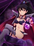  1girl :d antenna_hair bangs bikini_skirt black_choker black_gloves black_hair boots breasts cape chains choker cleavage collarbone commentary_request fingerless_gloves floating ganaha_hibiki gloves grey_footwear grin high_ponytail hiiringu idolmaster long_hair looking_at_viewer medium_breasts navel open_mouth outstretched_arm red_cape red_eyes shoulder_armor sitting smile solo sparkle sphere spikes spread_fingers stomach teeth thigh_boots thighhighs v-shaped_eyebrows vambraces very_long_hair zoom_layer 