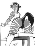  absurd_res anthro anus bulge clothed clothing dickgirl equid equine fingerless_gloves gloves greyscale hi_res intersex looking_back mammal monochrome pants_down partially_clothed puffy_anus revadiehard smile solo zebra 