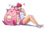  1girl apron bare_legs breasts chansey creatures_(company) dress eyebrows_visible_through_hair eyes_closed full_body game_freak gen_1_pokemon hat joy_(pokemon) knees_up long_hair nail_polish nintendo nurse nurse_cap open_mouth parted_lips pink_dress pink_hair pokemon pokemon_(anime) pokemon_(creature) puffy_short_sleeves puffy_sleeves ravenousruss short_dress short_sleeves simple_background sitting smile white_background white_footwear white_nails 