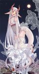  1girl :o character_name copyright_name elbow_gloves flat_chest flower full_body full_moon gloves hands_on_own_legs horns kneeling leotard lily_(pixiv_fantasia_last_saga) long_hair looking_at_viewer mia0309 moon night outdoors pixiv_fantasia pixiv_fantasia_last_saga pointy_ears red_eyes red_footwear solo tail thighhighs white_flower white_hair white_legwear 